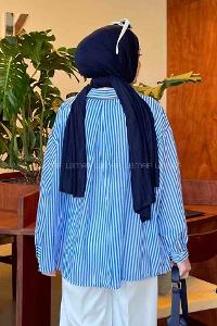 Lamelif Çizgili Oversize Gömlek İndigo