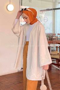 Lamelif Nakışlı Keten Kimono Ekru