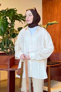 Cream Shirt Collar Long Arm Viscose Fabric Shirt