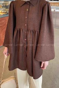 Lamelif Boydan Düğmeli Çan Kol Tunik Acı Kahve