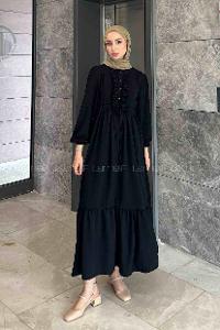 Lamelif Fırfır Detaylı Tünel Kemerli Elbise Siyah