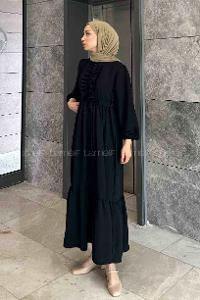 Lamelif Fırfır Detaylı Tünel Kemerli Elbise Siyah