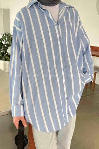 Lamelif Oversize Kalın Çizgi Detaylı Gömlek Mavi