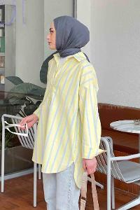 Lamelif Oversize Kalın Çizgi Detaylı Gömlek Sarı