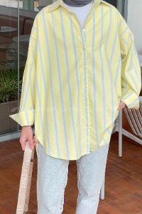 Lamelif Oversize Kalın Çizgi Detaylı Gömlek Sarı