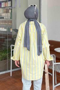 Lamelif Oversize Kalın Çizgi Detaylı Gömlek Sarı