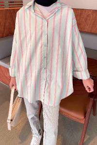 Lamelif Oversize Kalın Çizgi Detaylı Gömlek Su Yeşili