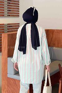 Lamelif Oversize Kalın Çizgi Detaylı Gömlek Su Yeşili