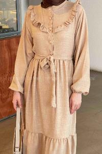 Lamelif Roba Volan Detaylı Elbise Bej