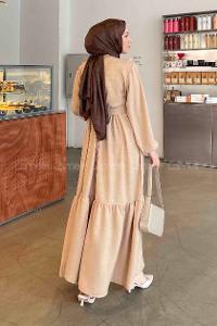 Lamelif Roba Volan Detaylı Elbise Bej