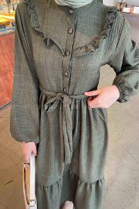 Lamelif Roba Volan Detaylı Elbise Haki