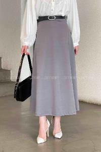 Lamelif Kloş Etek Krem Gri