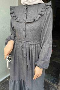 Lamelif Roba Volan Detaylı Elbise Füme