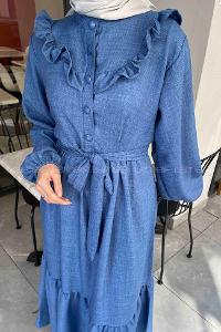 Lamelif Roba Volan Detaylı Elbise İndigo