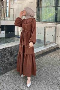 Brown Mandarin Collar Cotton Unprinted Dresess