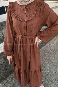 Brown Mandarin Collar Cotton Unprinted Dresess