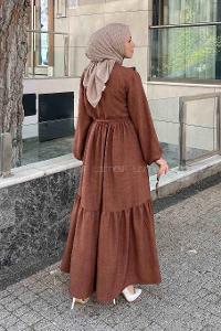 Brown Mandarin Collar Cotton Unprinted Dresess