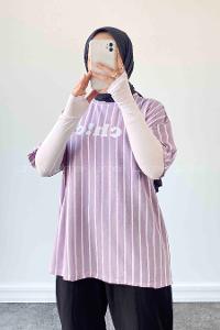 Lamelif  Çizgi Desenli T-Shirt Lila