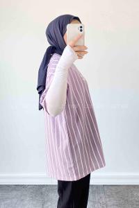 Lamelif  Çizgi Desenli T-Shirt Lila