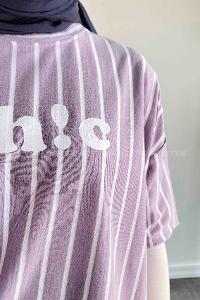 Lamelif  Çizgi Desenli T-Shirt Lila