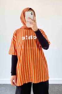 Lamelif  Çizgi Desenli T-Shirt Turuncu