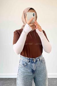 Lamelif Dikişsiz Kol Detaylı  Düz Kısa T-shirt Acı Kahve