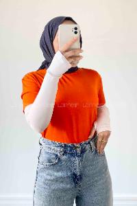 Lamelif Dikişsiz Kol Detaylı  Düz Kısa T-shirt Turuncu