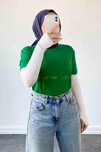 Lamelif Dikişsiz Kol Detaylı  Düz Kısa T-shirt Yeşil