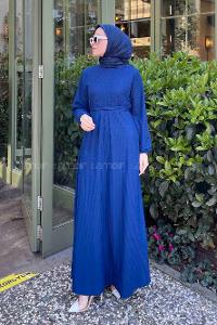 Lamelif Kendinden Desenli Mevlana Model Elbise Lacivert