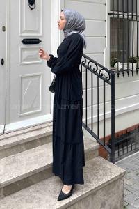 Lamelif Desenli Katlı Elbise Siyah