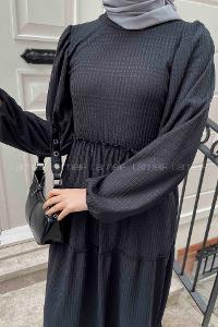 Lamelif Desenli Katlı Elbise Siyah