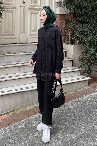 Lamelif İkili Keten Tesettür Takım Siyah