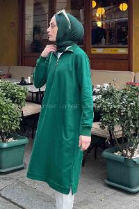 Emerald Green Choker Neck Combed Fabric Tunic