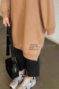 Lamelif Eteği Baskı Detaylı Yırtmaçlı Tunik Sütlü Kahve