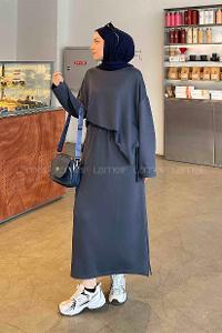 Lamelif Kristal Etekli Tesettür Takım Antrasit