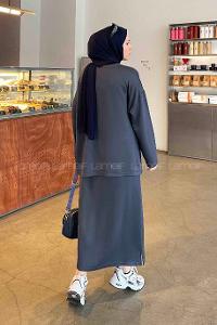 Lamelif Kristal Etekli Tesettür Takım Antrasit