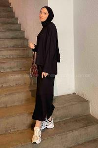 Lamelif Kristal Etekli Tesettür Takım Siyah