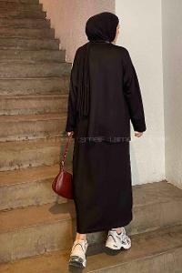 Lamelif Kristal Etekli Tesettür Takım Siyah