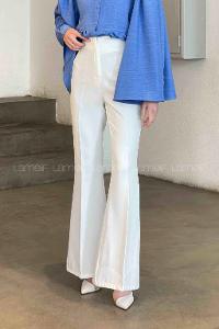 Lamelif Yüksek Bel İspanyol Paça Gizli Cep Pantolon Ekru