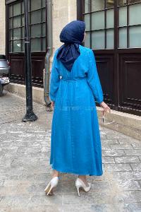 Lamelif  Keten Kumaş Tesettür Elbise Mavi