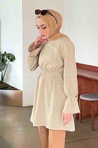 Beige Crew Neck Cotton Fabric Unprinted Tunic