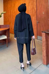 Black Shirt Collar Long Arm Linen Regular Trousers Comfortable Suit