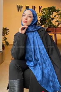 Lamelif Dama Desen Jakar Şal Koyu İndigo