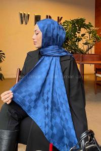 Lamelif Dama Desen Jakar Şal Koyu İndigo