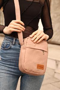 Lamelif Fermuarlı Kanvas İki Bölmeli Omuz Çantası Bej