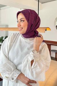 Lamelif Geometrik Desen Jakar Eşarp Mürdüm