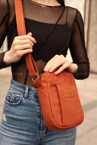 Lamelif  Kanvas İki Bölmeli Omuz Çantası Taba