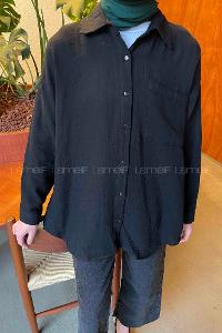 Black Shirt Collar Long Arm Viscose Fabric Shirt