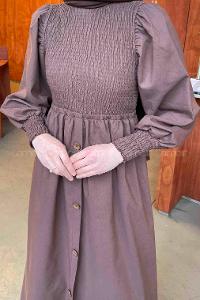 Lamelif Önü Büzgülü Düğme Detay Elbise Koyu Kahve