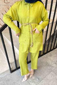 Oil Green Shirt Collar Long Arm Belted Linen Regular Trousers Linen Suit